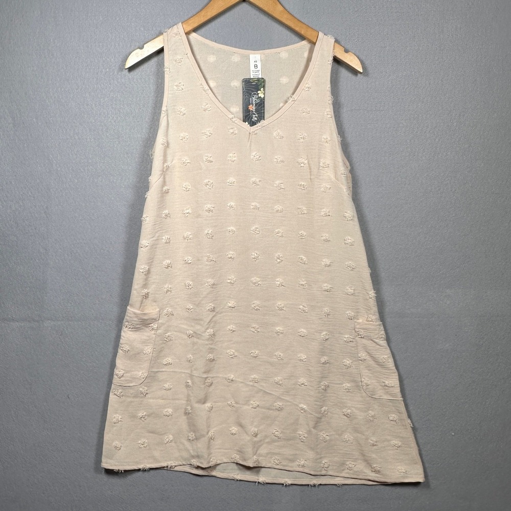 Womens VNeck Mini Dress Apricot Swiss Dot Sleeveless Pockets Boho Cottagecore XS